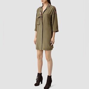 All Saints Laurel Colt Moss Olive Green Utility Style Floral Silk Shift Dress S2